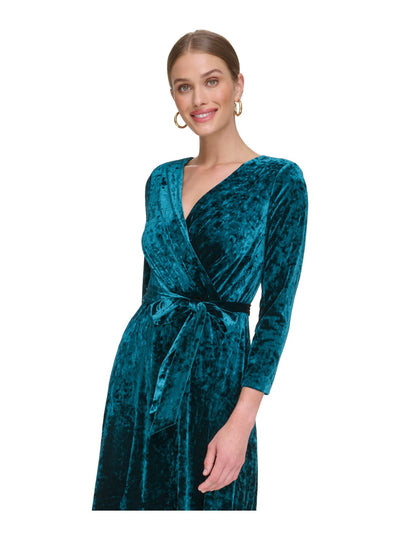 DKNY Womens Green Pleated Zippered Crushed Velvet Tie-belt Lined 3/4 Sleeve Surplice Neckline Full-Length Formal Gown Dress 6