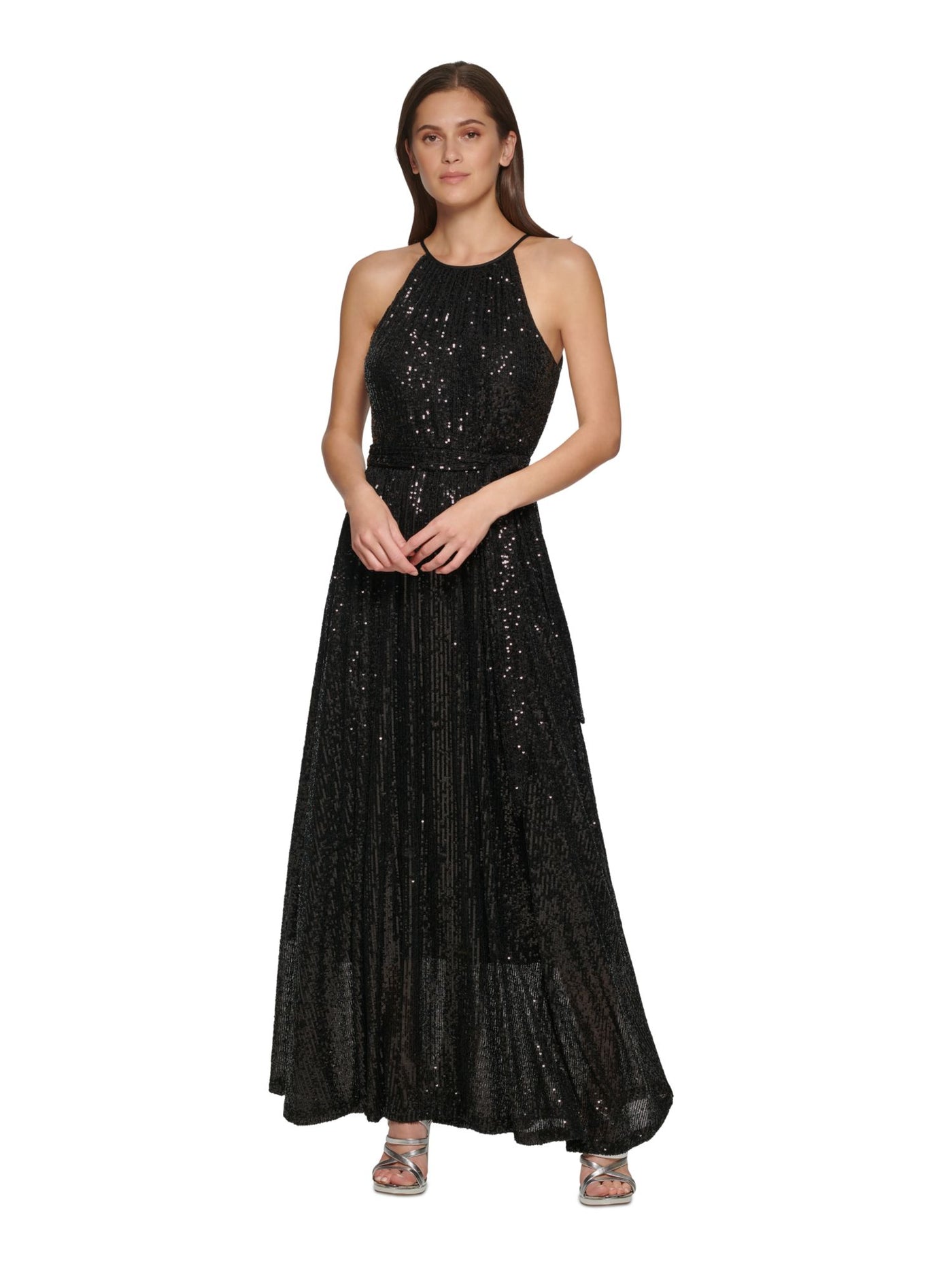 DKNY Womens Black Sequined Zippered Tie-belt Sleeveless Halter Maxi Party Gown Dress 4