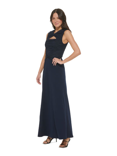 DKNY Womens Navy Ruched Twist Front Keyhole Zippered Sleeveless V Neck Full-Length Formal Fit + Flare Dress 4