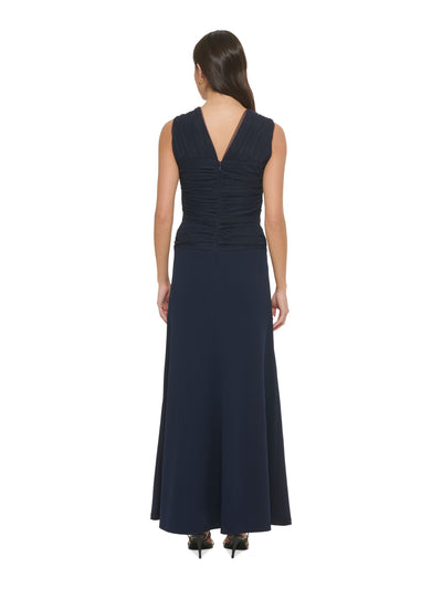 DKNY Womens Navy Ruched Twist Front Keyhole Zippered Sleeveless V Neck Full-Length Formal Fit + Flare Dress 4