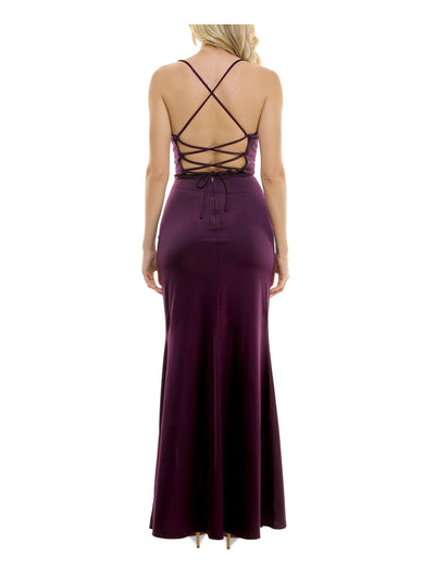 SPEECHLESS Womens Purple Pleated Zippered Lace-up Back Bra Cups High Slit Spaghetti Strap Sweetheart Neckline Full-Length Prom Gown Dress Juniors S