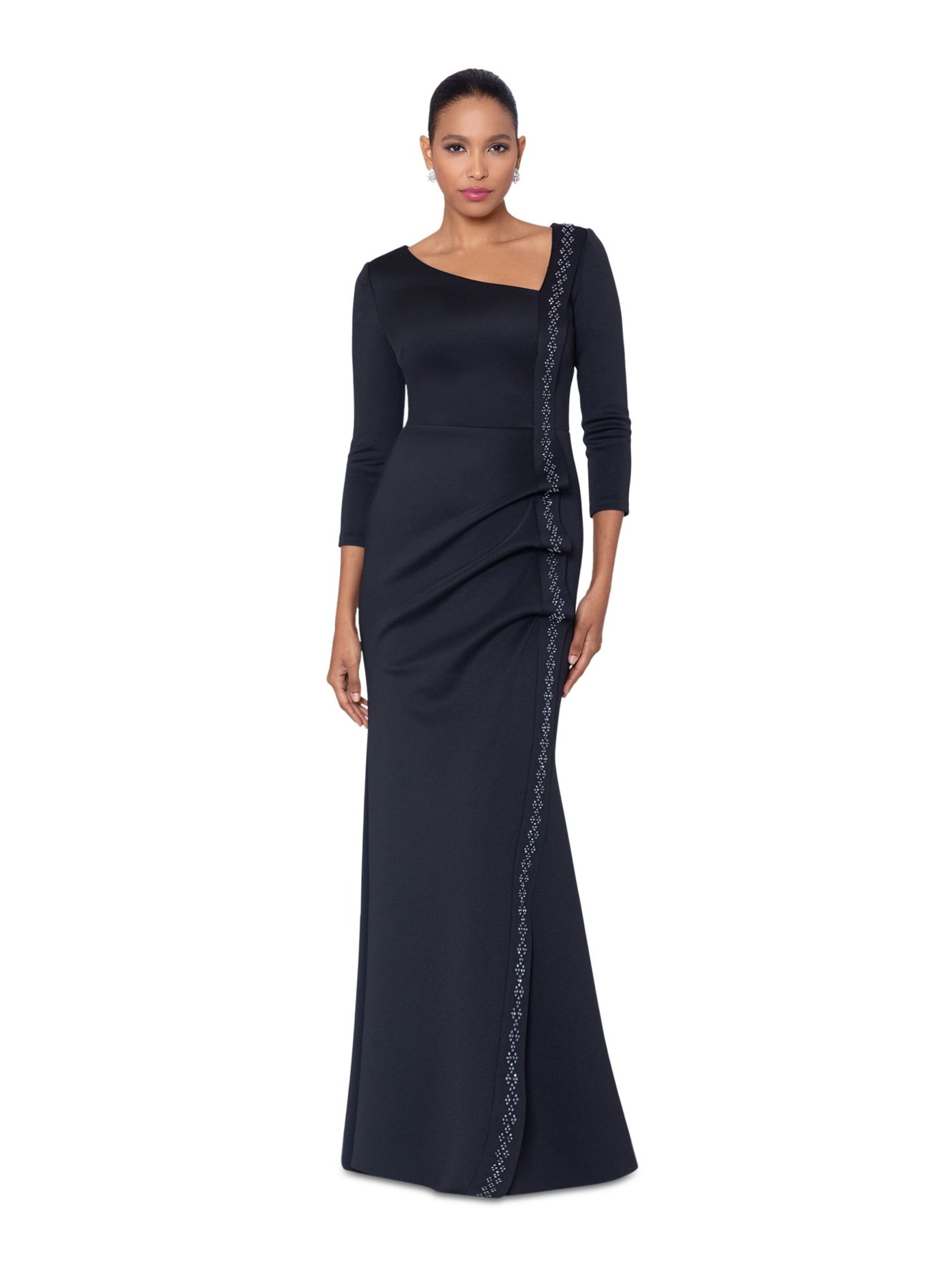 XSCAPE Womens Black Ruched Embellished Zippered Unlined 3/4 Sleeve Asymmetrical Neckline Full-Length Evening Gown Dress 14