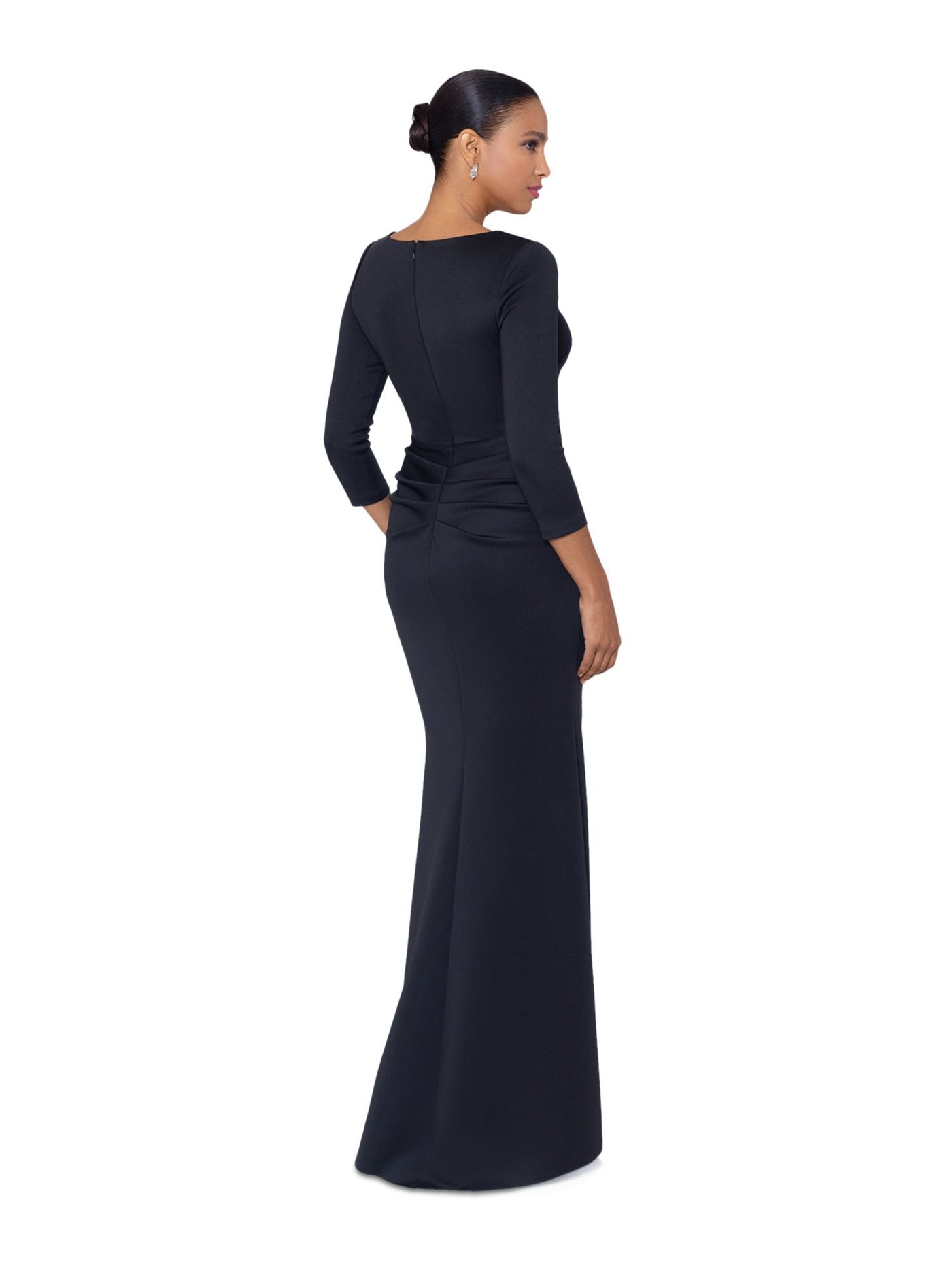 XSCAPE Womens Black Ruched Embellished Zippered Unlined 3/4 Sleeve Asymmetrical Neckline Full-Length Evening Gown Dress 14