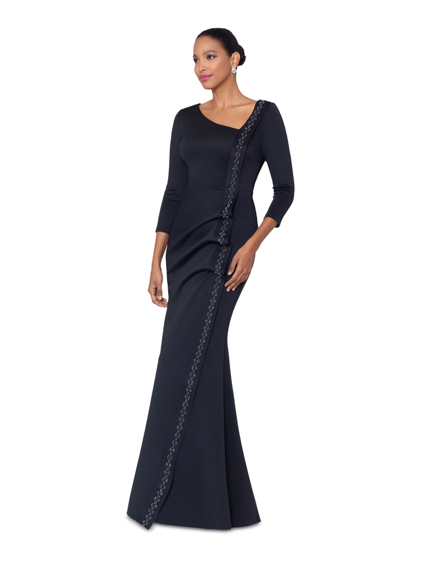 XSCAPE Womens Black Ruched Embellished Zippered Unlined 3/4 Sleeve Asymmetrical Neckline Full-Length Evening Gown Dress 4