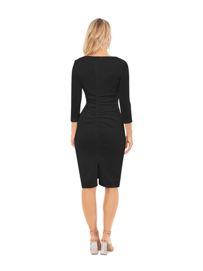 XSCAPE Womens Black Ruched Zippered Embellished Side Back Slit Lined 3/4 Sleeve Asymmetrical Neckline Knee Length Cocktail Body Con Dress 8