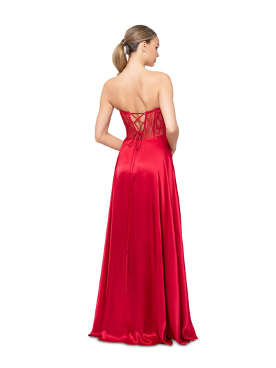 BLONDIE NITES Womens Red Zippered Rhinestone Lace Up Back Illusion-detail Floral Sleeveless Sweetheart Neckline Full-Length Formal Gown Dress Juniors 11
