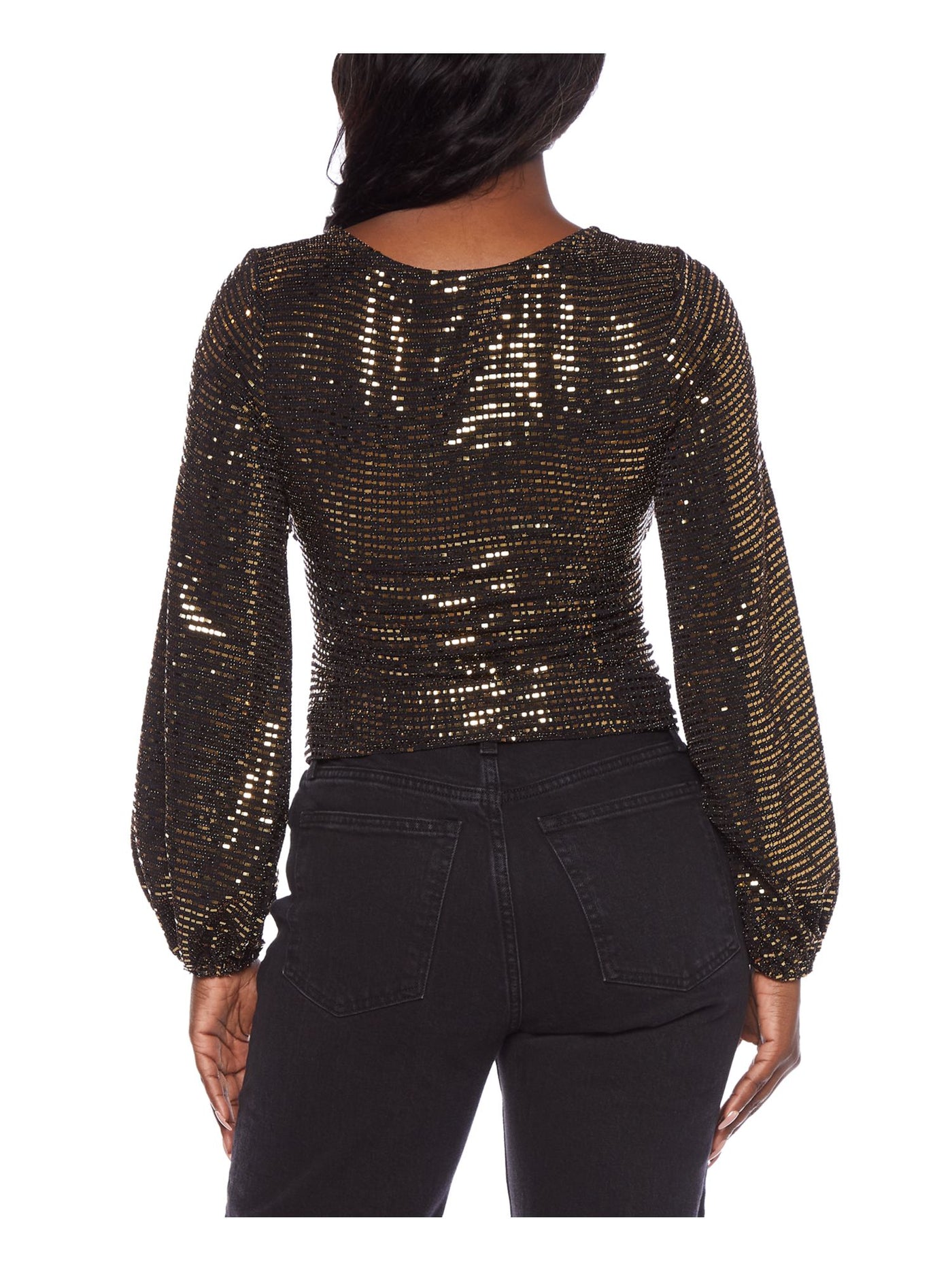 ALEX & SOPHIA Womens Black Metallic Striped Balloon Sleeve Surplice Neckline Party Faux Wrap Top Juniors XS