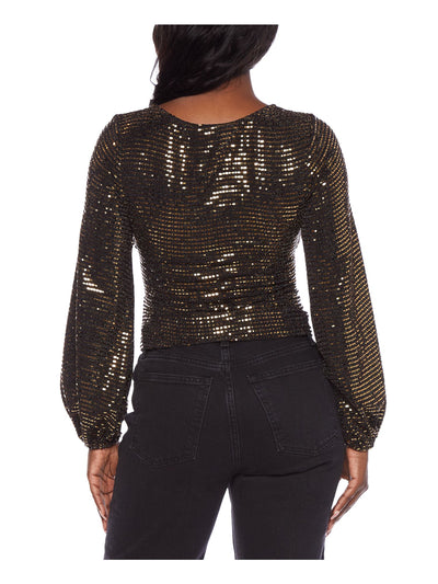 ALEX & SOPHIA Womens Black Metallic Striped Balloon Sleeve Surplice Neckline Party Faux Wrap Top Juniors XS