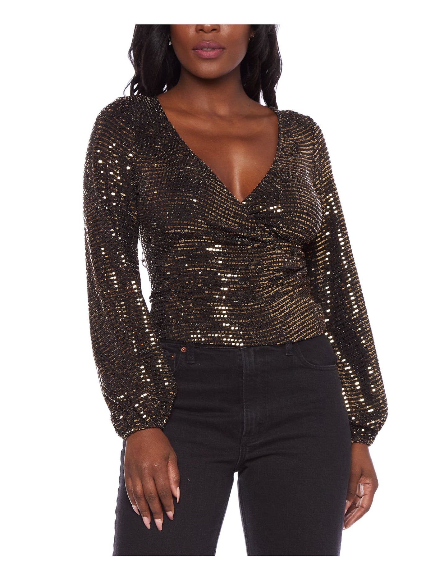 ALEX & SOPHIA Womens Black Metallic Striped Balloon Sleeve Surplice Neckline Party Faux Wrap Top Juniors XS