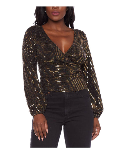 ALEX & SOPHIA Womens Black Metallic Striped Balloon Sleeve Surplice Neckline Party Faux Wrap Top Juniors XS