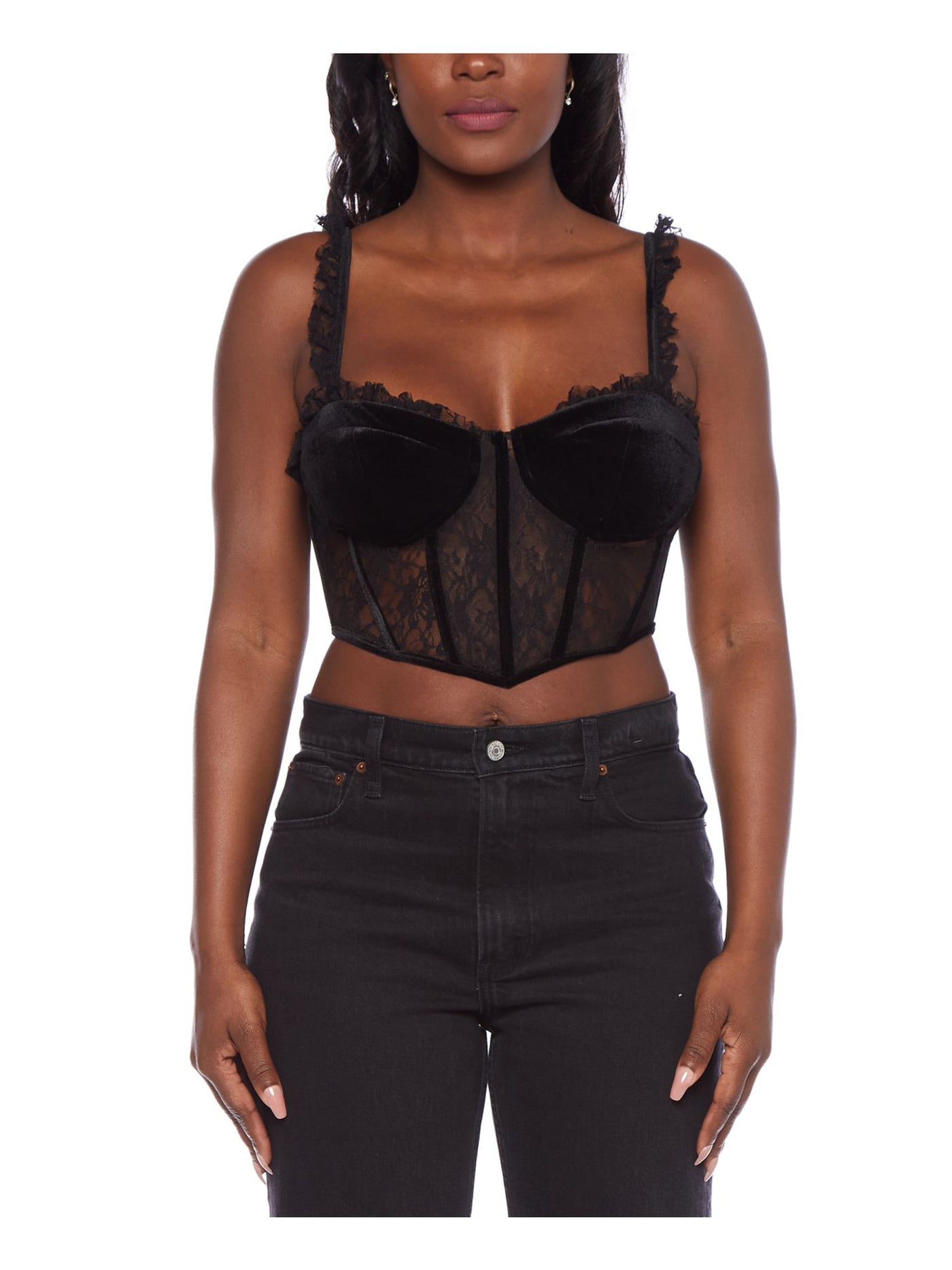 ALEX & SOPHIA Womens Black Zippered Boning Lace Padded Lace Trim Cor Floral Sleeveless Sweetheart Neckline Party Top Juniors 1\2