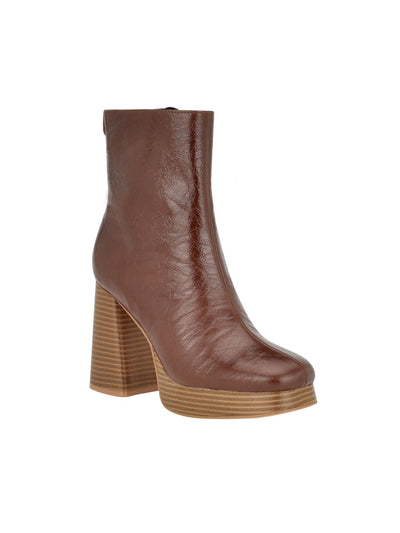 GUESS Womens Brown 1" Platform Padded Goring Danca Round Toe Block Heel Zip-Up Leather Booties 7.5 M