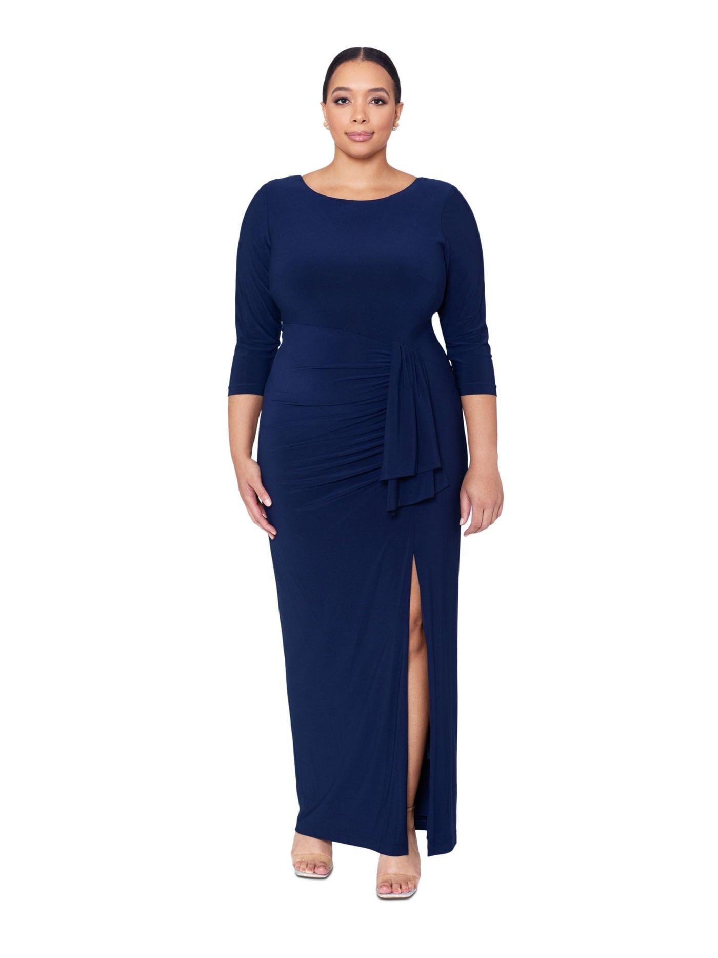 X BY XSCAPE Womens Navy Slitted Zippered Gathered Ruched Lined 3/4 Sleeve Scoop Neck Maxi Evening Sheath Dress Plus 20W