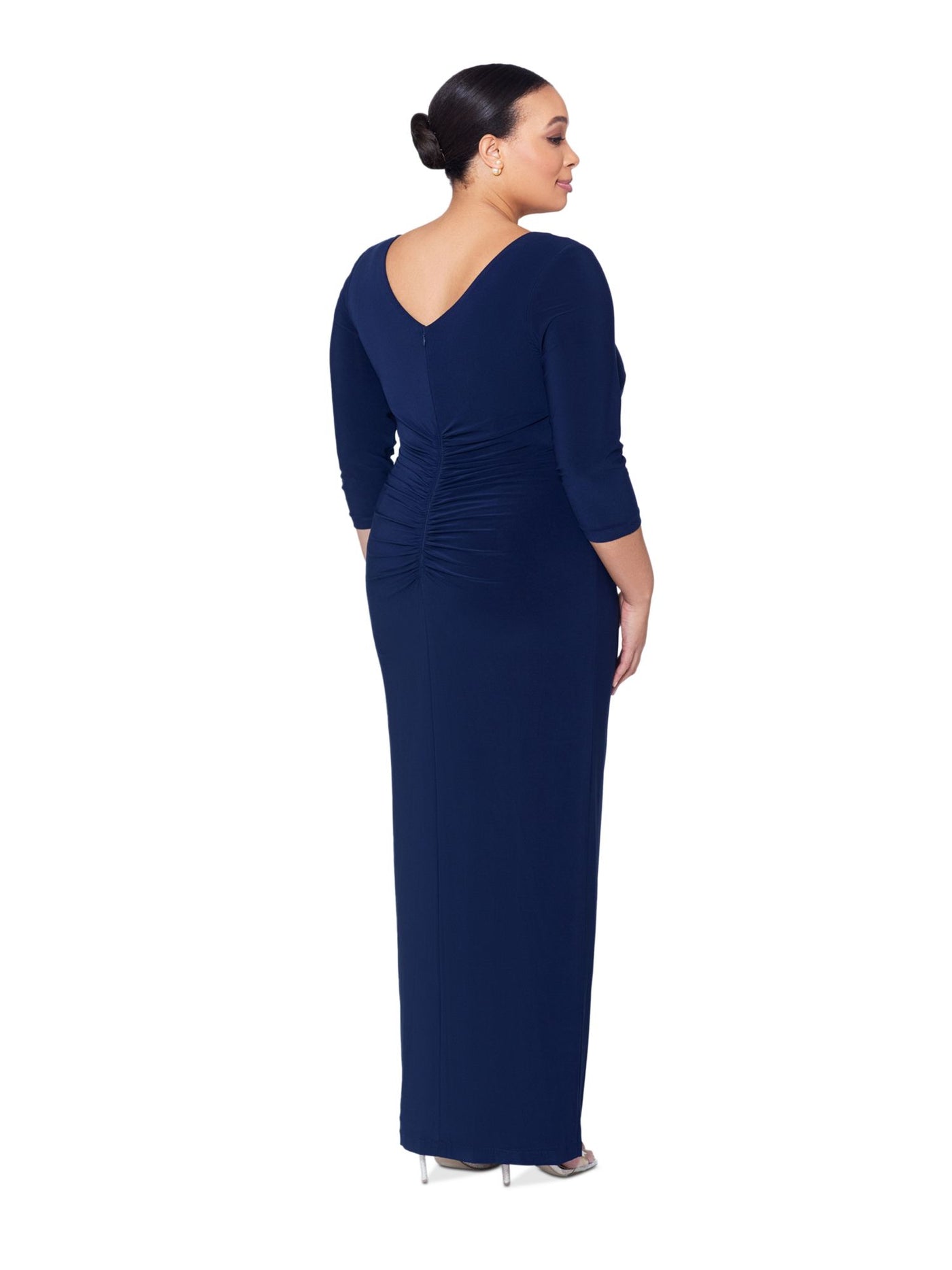 X BY XSCAPE Womens Navy Slitted Zippered Gathered Ruched Lined 3/4 Sleeve Scoop Neck Maxi Evening Sheath Dress Plus 20W