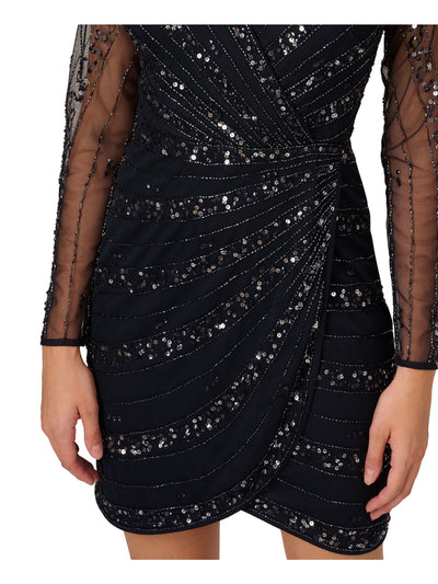 PAPELL STUDIO Womens Navy Embellished Zippered Sheer Sleeve Long Sleeve Surplice Neckline Short Cocktail Faux Wrap Dress 14