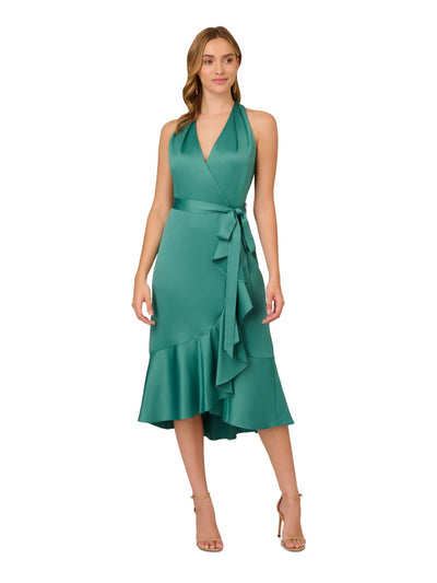 ADRIANNA PAPELL Womens Green Zippered Cascading Ruffle Trim Tie Belt Sleeveless Halter Midi Party Faux Wrap Dress 14