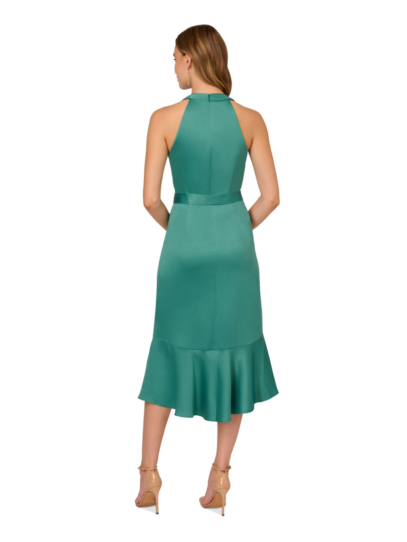 ADRIANNA PAPELL Womens Green Zippered Cascading Ruffle Trim Tie Belt Sleeveless Halter Midi Party Faux Wrap Dress 0