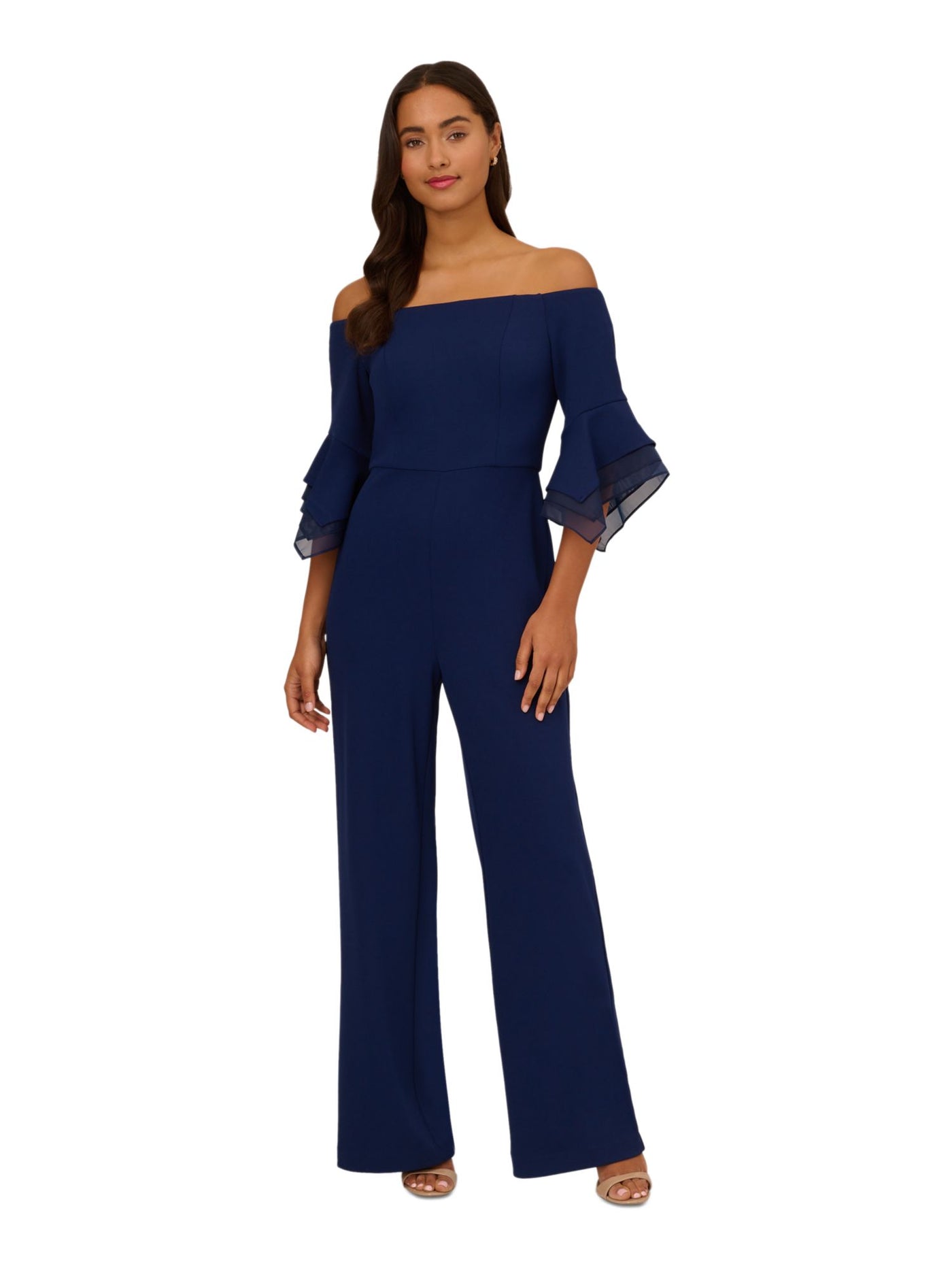 ADRIANNA PAPELL Womens Navy Zippered Ruffle Trim Cuffs 3/4 Sleeve Off Shoulder Party Wide Leg Jumpsuit Petites 10P