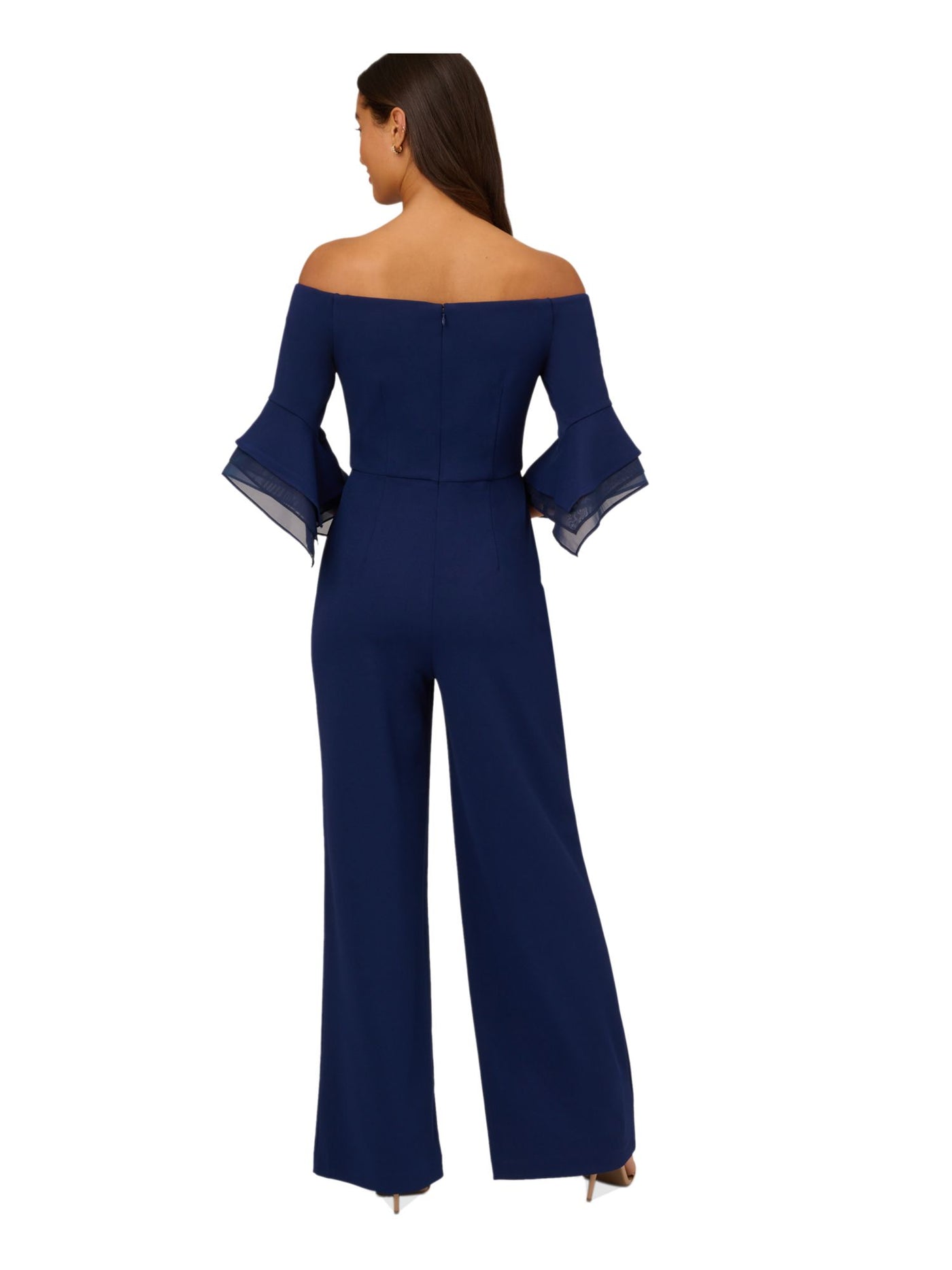 ADRIANNA PAPELL Womens Navy Zippered Ruffle Trim Cuffs 3/4 Sleeve Off Shoulder Party Wide Leg Jumpsuit Petites 4P