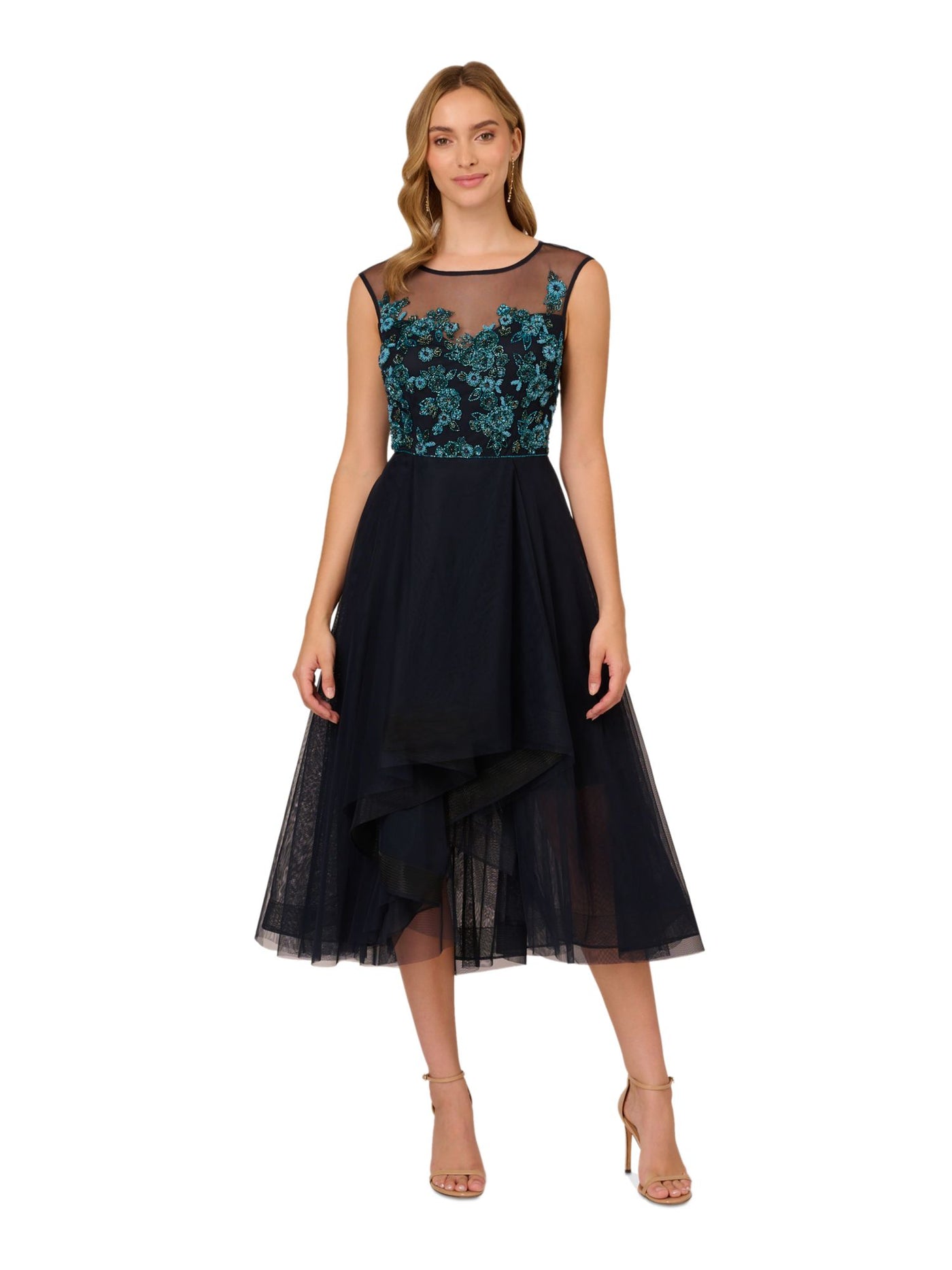 ADRIANNA PAPELL Womens Navy Embellished Zippered Lined Ruffled Tule Cap Sleeve Boat Neck Below The Knee Formal Fit + Flare Dress 16