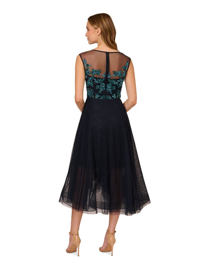 ADRIANNA PAPELL Womens Navy Embellished Zippered Lined Ruffled Tule Cap Sleeve Boat Neck Below The Knee Formal Fit + Flare Dress 14