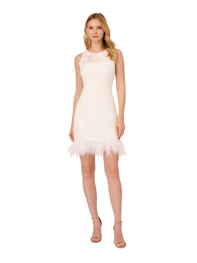 ADRIANNA PAPELL Womens White Zippered Embellished Lined Feathered Sleeveless Illusion Neckline Above The Knee Cocktail Sheath Dress 12