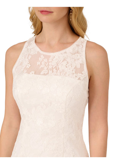 ADRIANNA PAPELL Womens White Zippered Embellished Lined Feathered Sleeveless Illusion Neckline Above The Knee Cocktail Sheath Dress 12