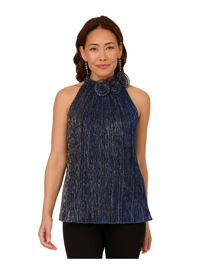 ADRIANNA PAPELL Womens Navy Textured 3d Fabric Flowers Back Keyhole Sleeveless Halter Party Top 16