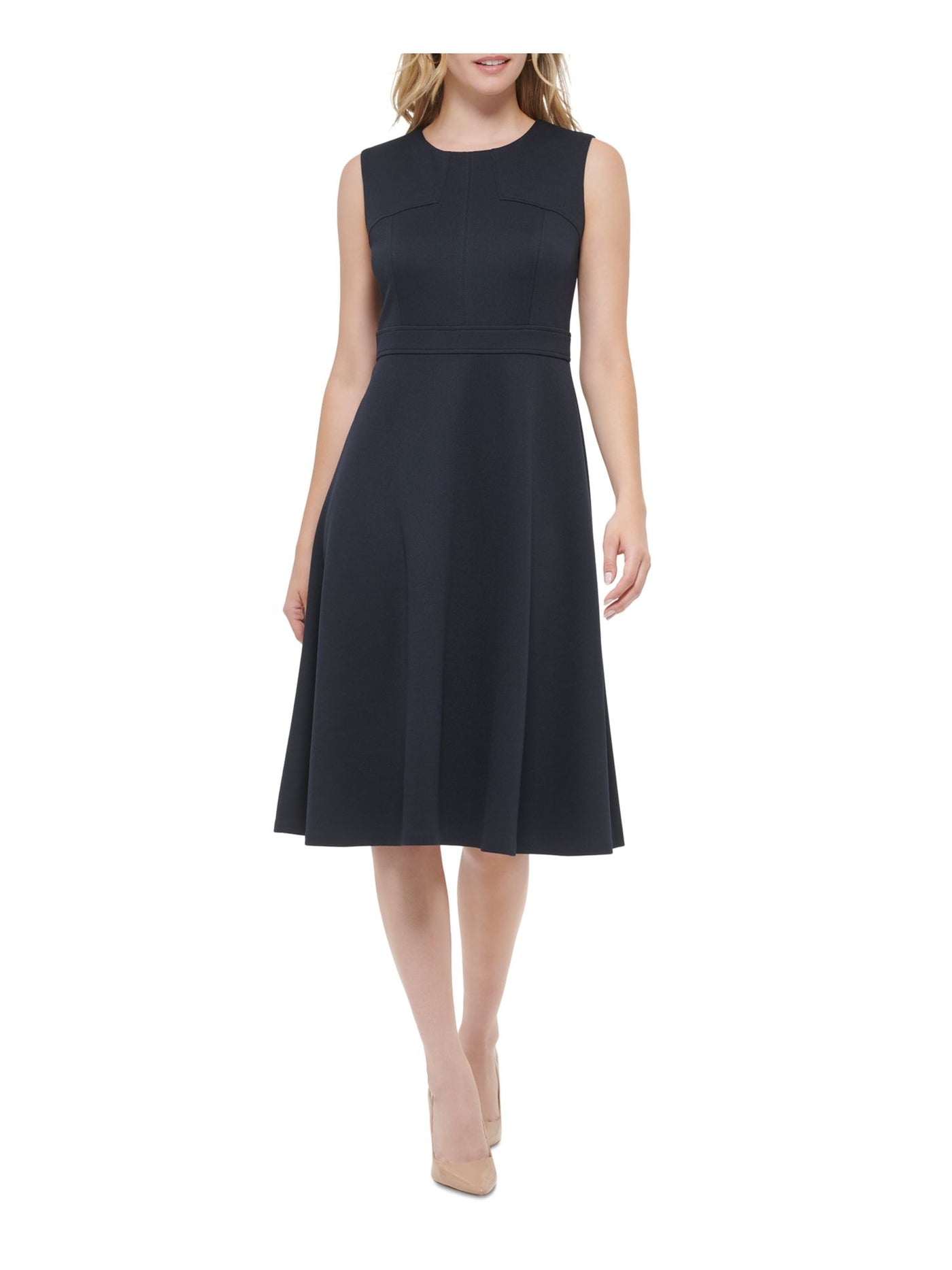 TOMMY HILFIGER Womens Navy Textured Zippered Sleeveless Round Neck Midi Wear To Work Fit + Flare Dress 14