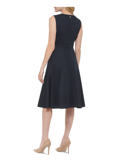 TOMMY HILFIGER Womens Navy Textured Zippered Sleeveless Round Neck Midi Wear To Work Fit + Flare Dress 14