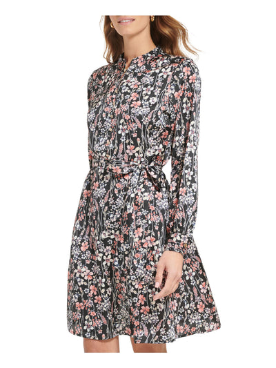 TOMMY HILFIGER Womens Black Belted Button Down Floral Cuffed Sleeve Mandarin Collar Above The Knee Party Fit + Flare Dress 8