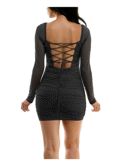 CITY STUDIO Womens Black Embellished Zippered Ruched Open Strappy Back Long Sleeve Square Neck Short Party Body Con Dress Juniors S