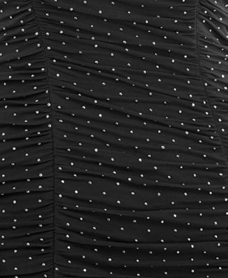 CITY STUDIO Womens Black Embellished Zippered Ruched Open Strappy Back Long Sleeve Square Neck Short Party Body Con Dress