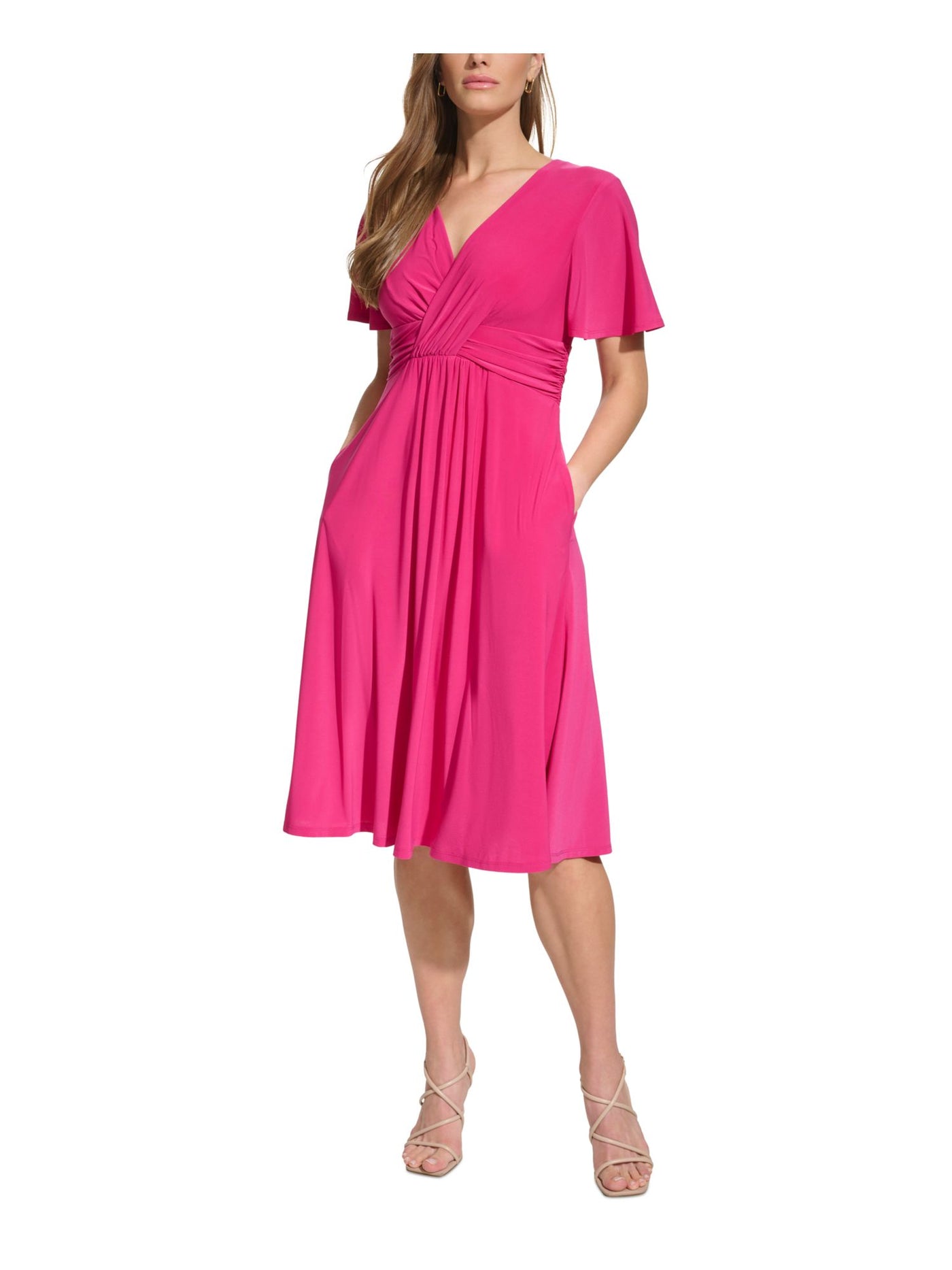 JESSICA HOWARD Womens Pink Pleated Zippered Pocketed Lined Ruched Crossover Flutter Sleeve Surplice Neckline Knee Length Evening Empire Waist Dress 6