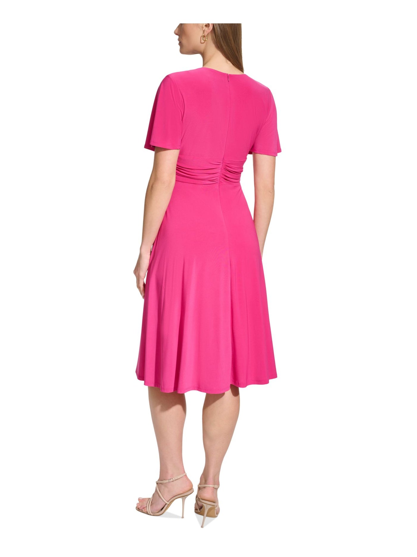 JESSICA HOWARD Womens Pink Pleated Zippered Pocketed Lined Ruched Crossover Flutter Sleeve Surplice Neckline Knee Length Evening Empire Waist Dress 6