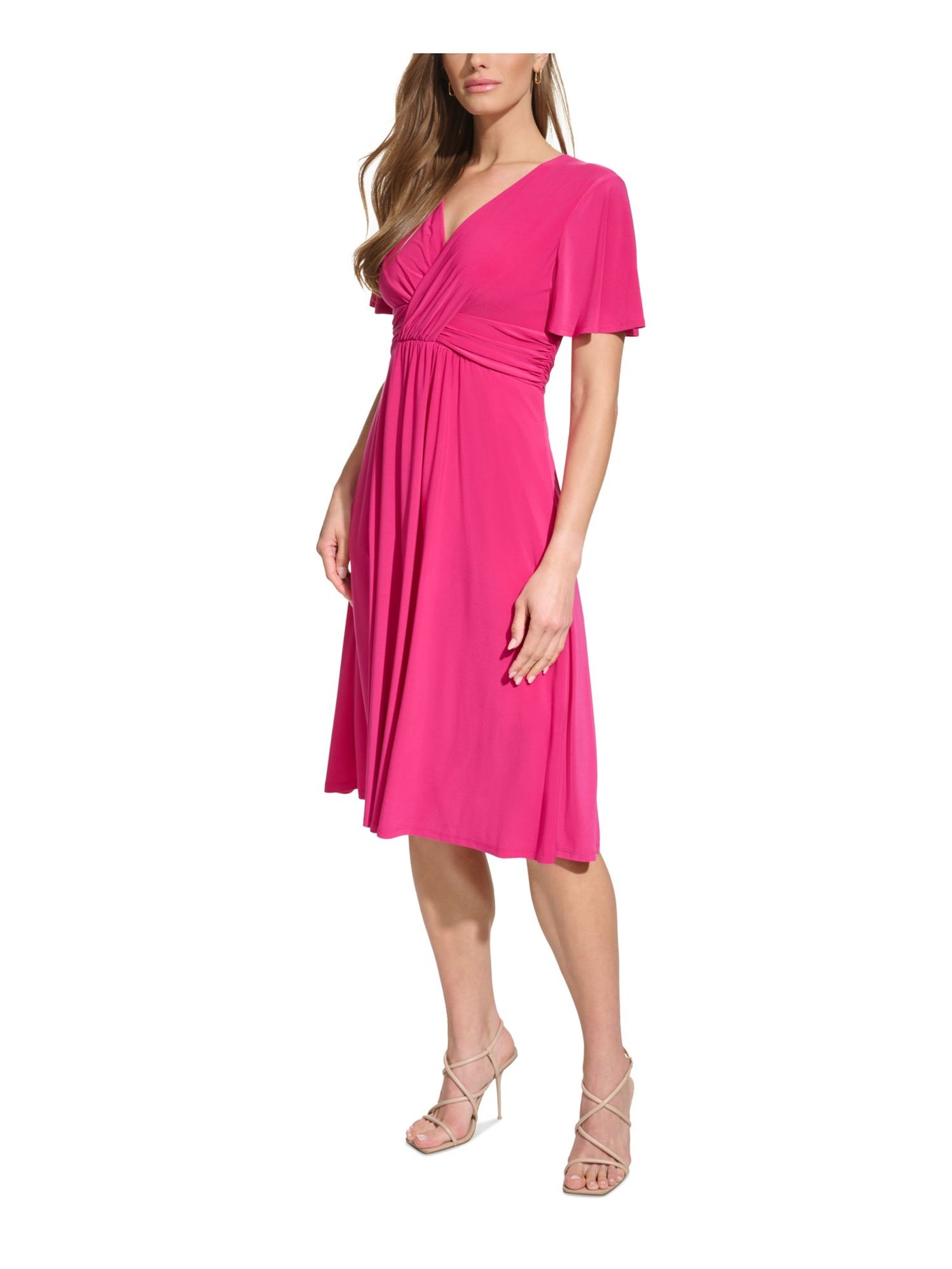 JESSICA HOWARD Womens Pink Pleated Zippered Pocketed Lined Ruched Crossover Flutter Sleeve Surplice Neckline Knee Length Evening Empire Waist Dress 6