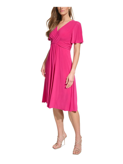 JESSICA HOWARD Womens Pink Pleated Zippered Pocketed Lined Ruched Crossover Flutter Sleeve Surplice Neckline Knee Length Evening Empire Waist Dress 6