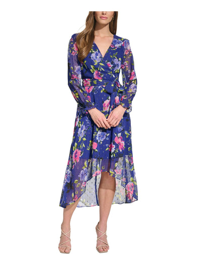 JESSICA HOWARD Womens Blue Zippered Lined Tie-belt Floral Long Sleeve Surplice Neckline Midi Party Hi-Lo Dress 10