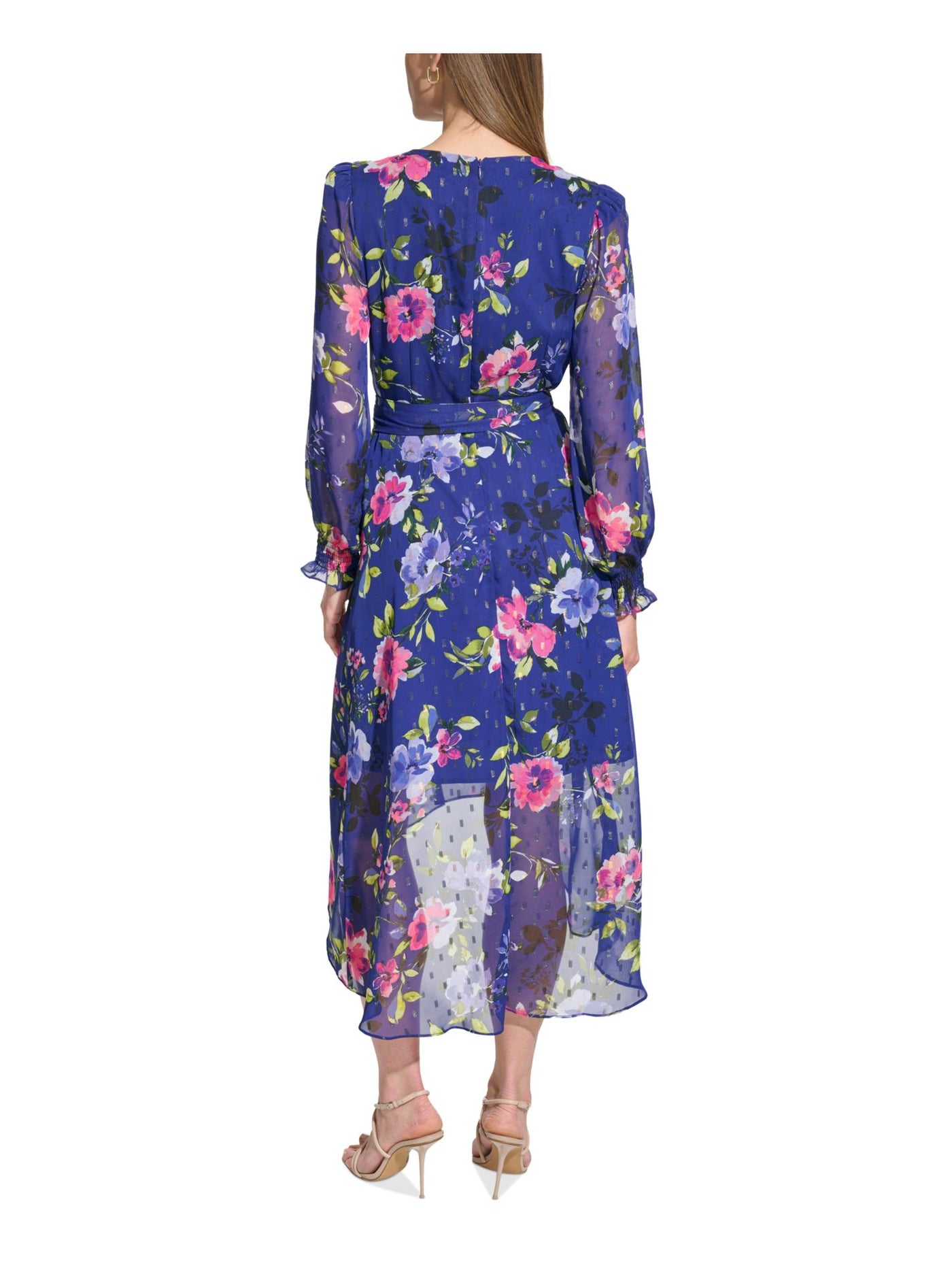 JESSICA HOWARD Womens Blue Zippered Lined Tie-belt Floral Long Sleeve Surplice Neckline Midi Party Hi-Lo Dress 10