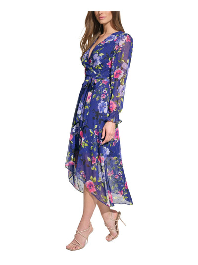 JESSICA HOWARD Womens Blue Zippered Lined Tie-belt Floral Long Sleeve Surplice Neckline Midi Party Hi-Lo Dress 10