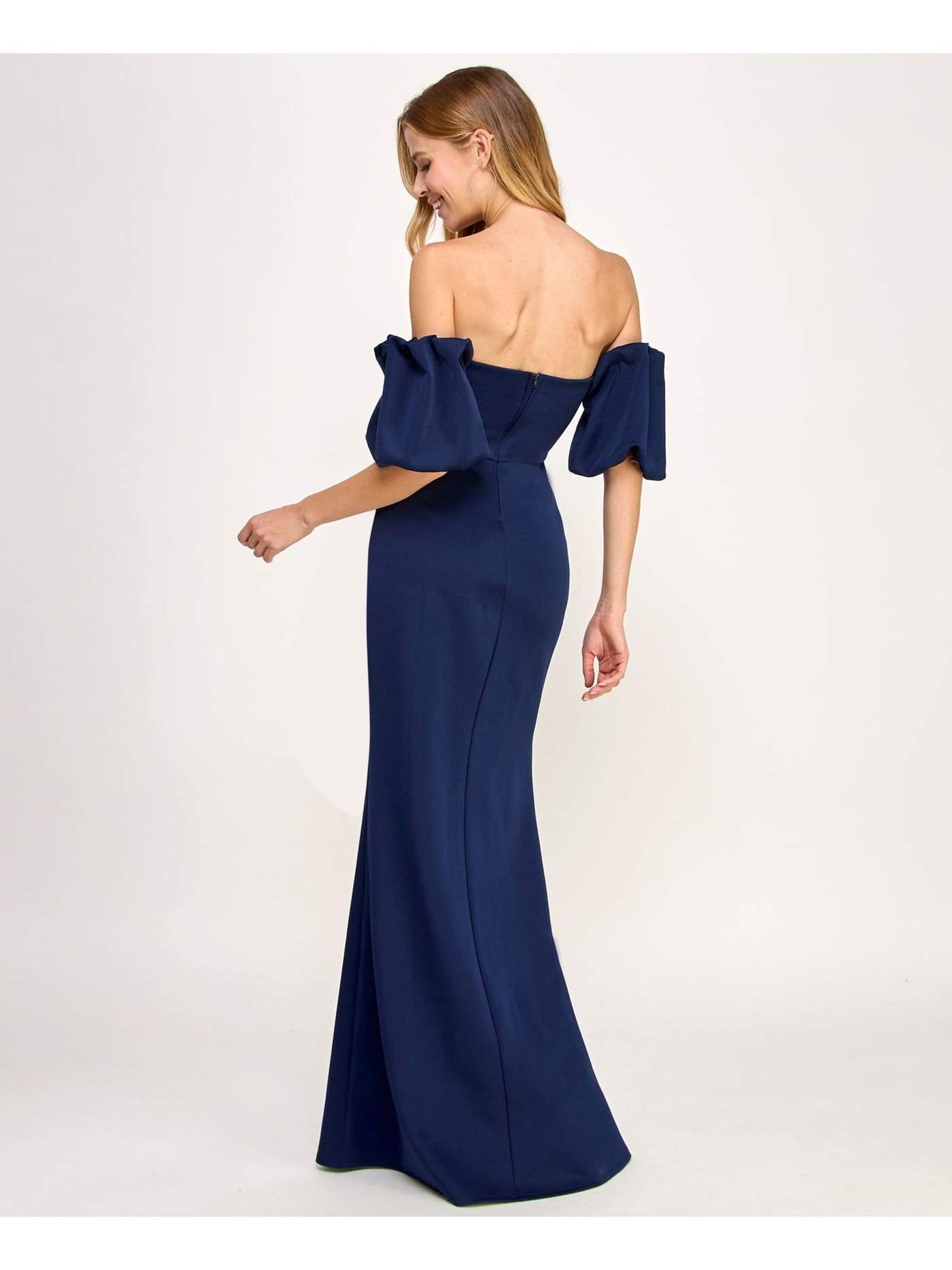 EMERALD SUNDAE Womens Navy Zippered Lined Padded slitted Pouf Sleeve Off Shoulder Full-Length Formal Gown Dress Juniors XXS