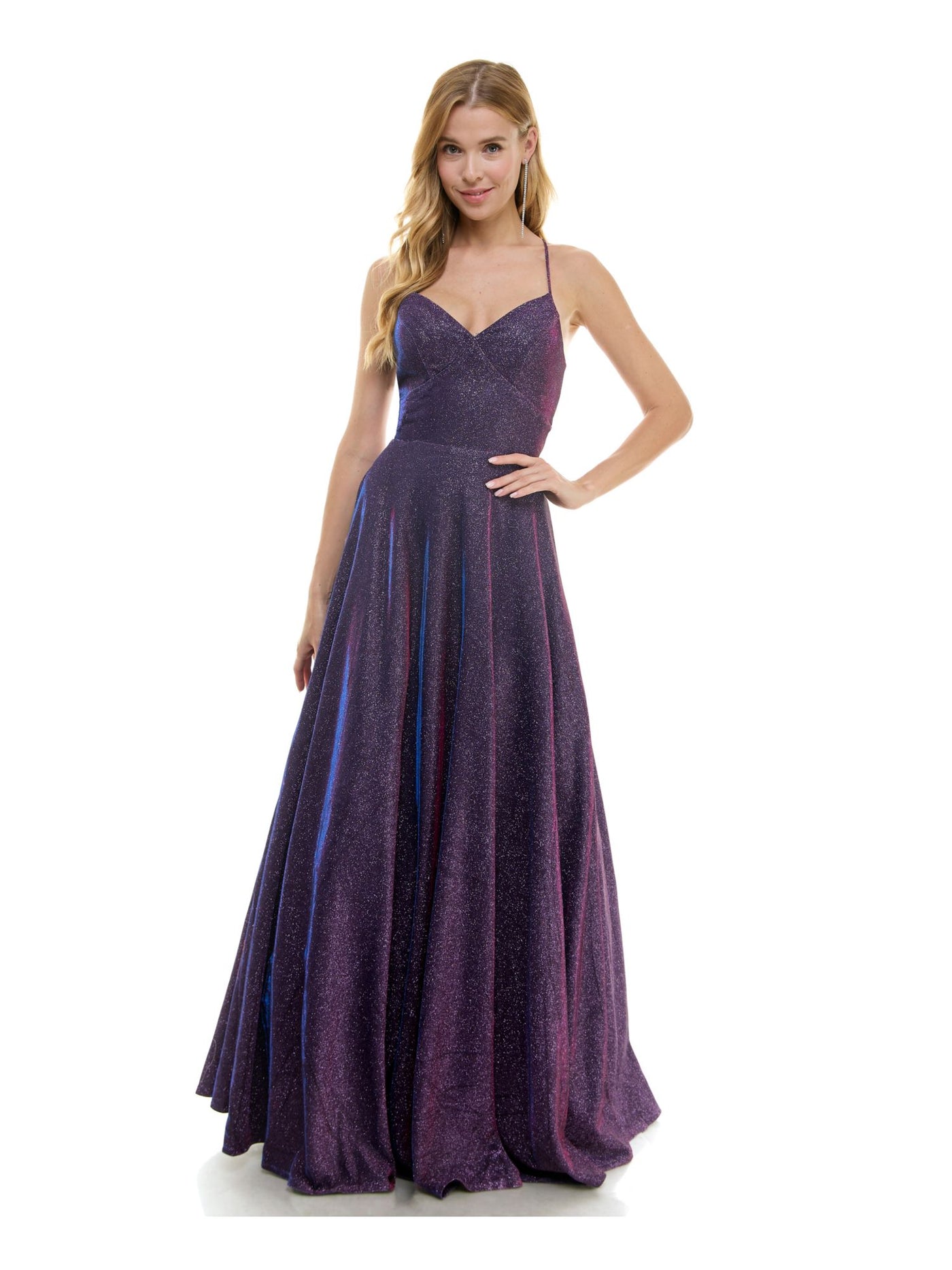 CITY STUDIO Womens Purple Zippered Lined Lace Up Glitter Padded Ombre Spaghetti Strap V Neck Full-Length Formal Gown Dress Juniors 13\14