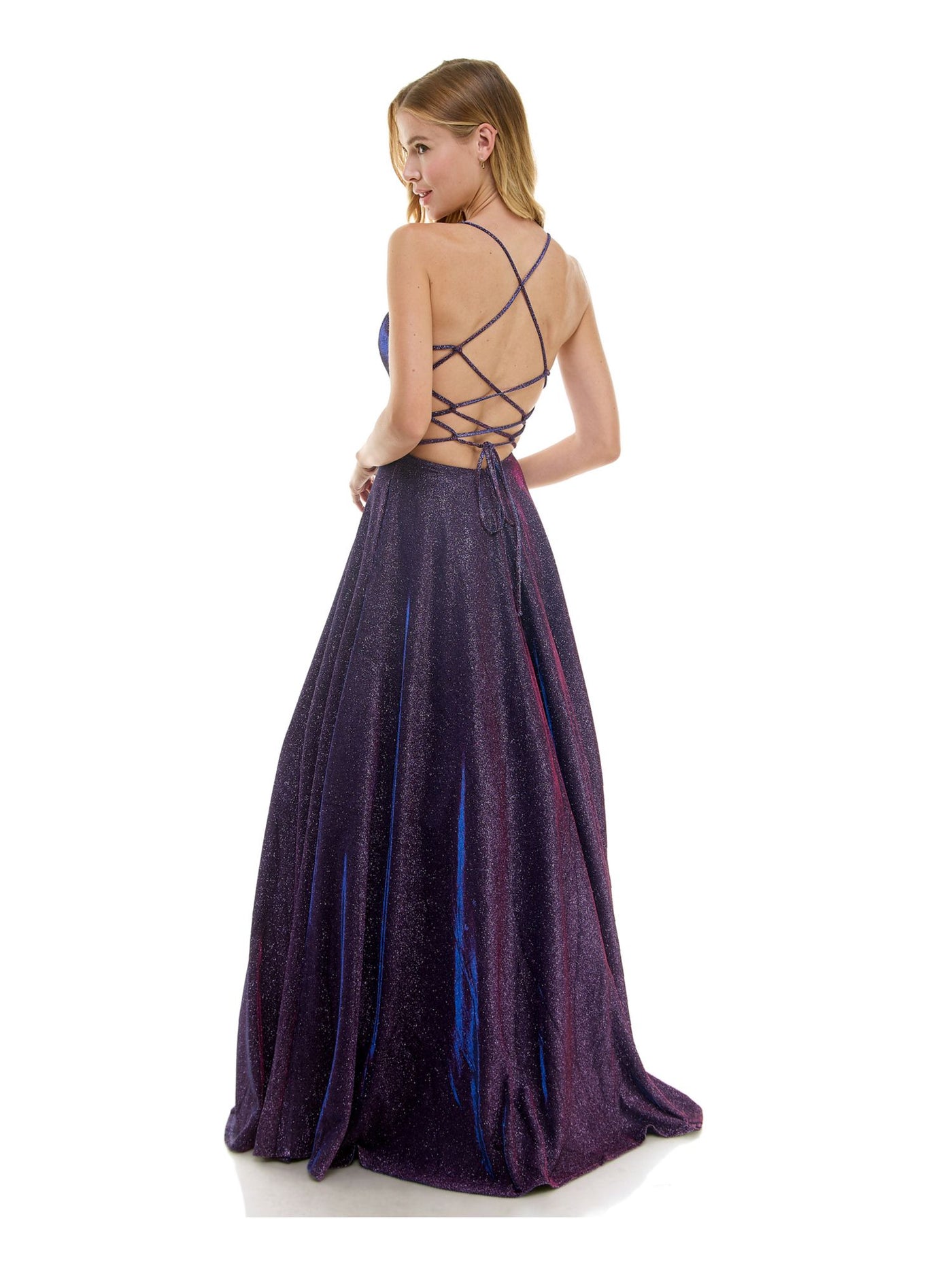 CITY STUDIO Womens Purple Zippered Lined Lace Up Glitter Padded Ombre Spaghetti Strap V Neck Full-Length Formal Gown Dress Juniors 13\14