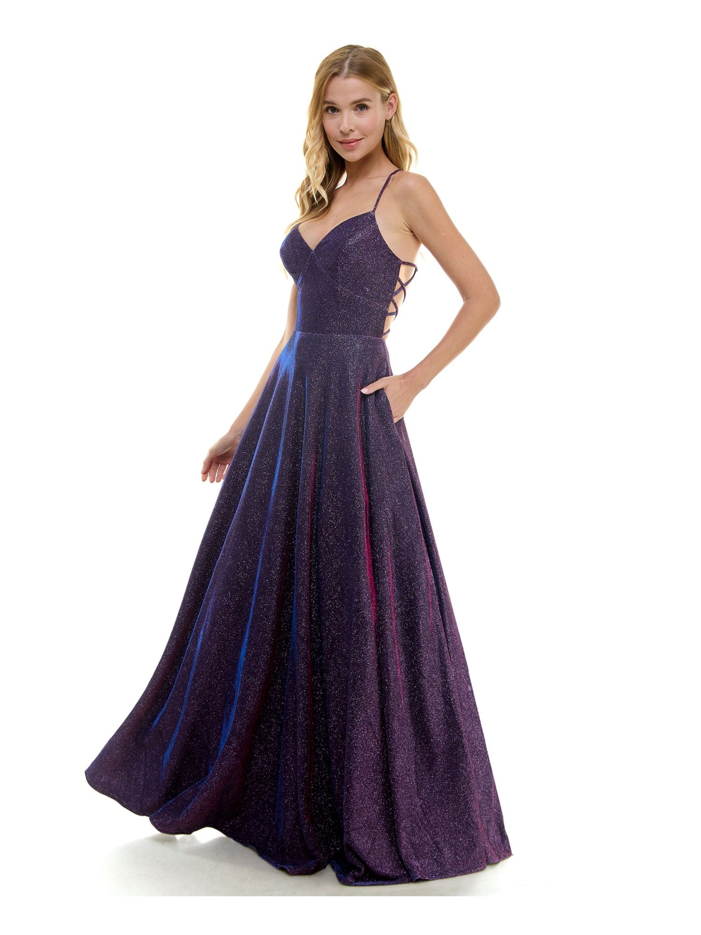 CITY STUDIO Womens Purple Zippered Lined Lace Up Glitter Padded Ombre Spaghetti Strap V Neck Full-Length Formal Gown Dress Juniors 13\14