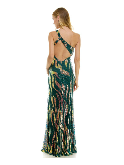CITY STUDIO Womens Green Zippered Slitted Lined Sequined Padded Sleeveless Asymmetrical Neckline Full-Length Formal Gown Dress Juniors 3\4