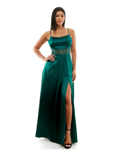 CITY STUDIO Womens Green Zippered Pocketed Mesh Inset Waist High-slit Lined Spaghetti Strap Square Neck Full-Length Prom Gown Dress Juniors 3\4