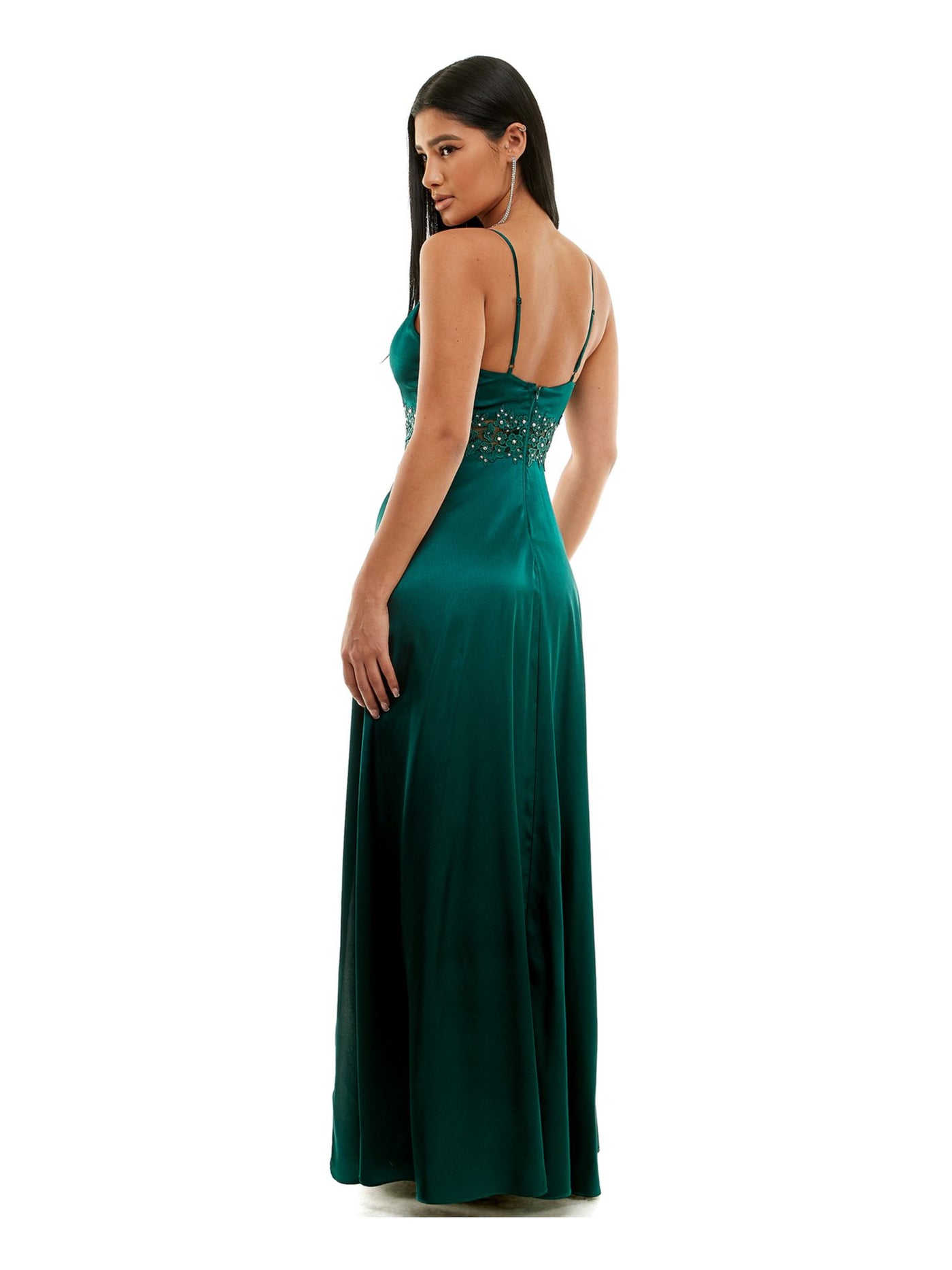 CITY STUDIO Womens Green Zippered Pocketed Mesh Inset Waist High-slit Lined Spaghetti Strap Square Neck Full-Length Prom Gown Dress Juniors 15\16