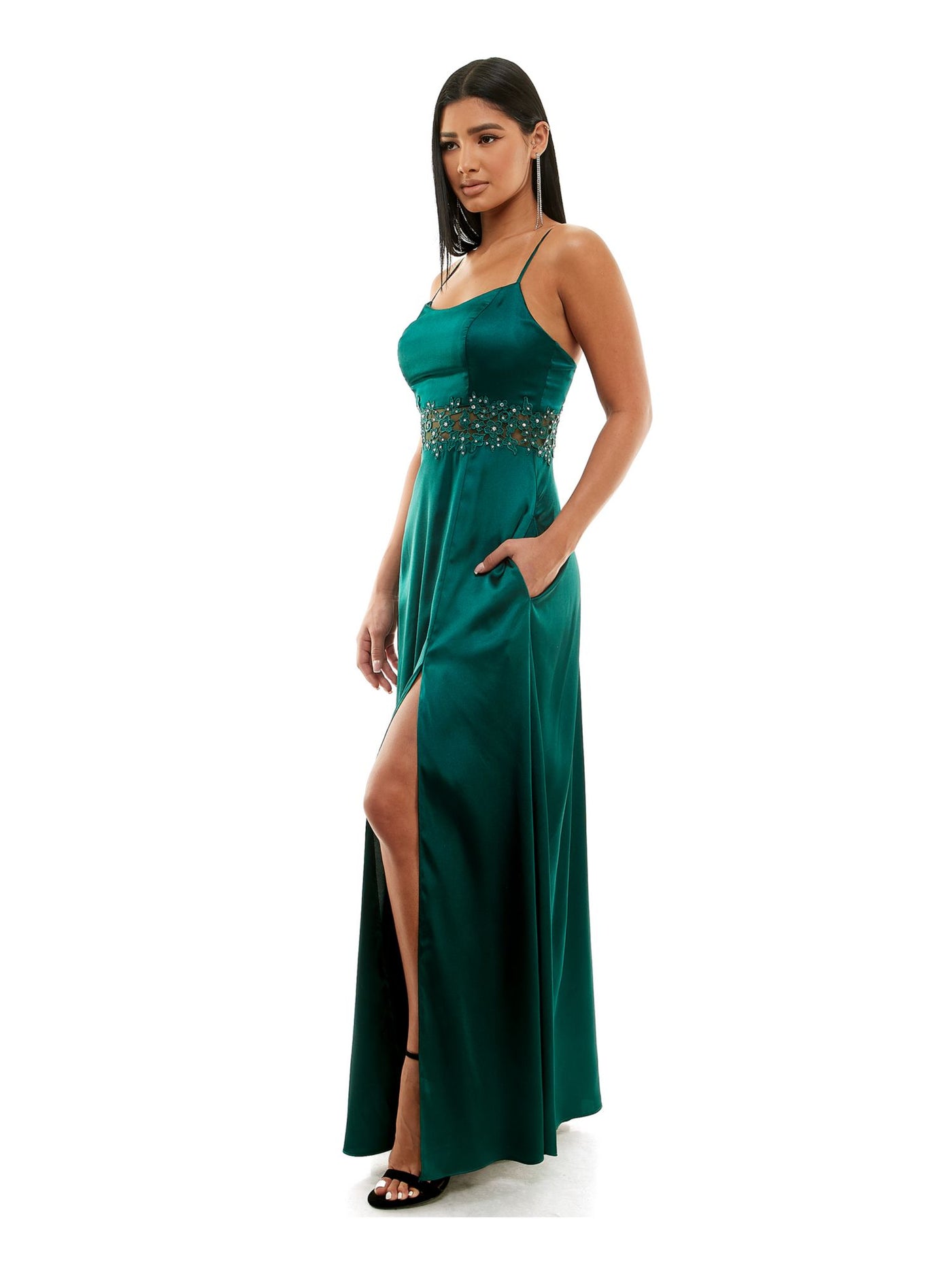 CITY STUDIO Womens Green Zippered Pocketed Mesh Inset Waist High-slit Lined Spaghetti Strap Square Neck Full-Length Prom Gown Dress Juniors 15\16