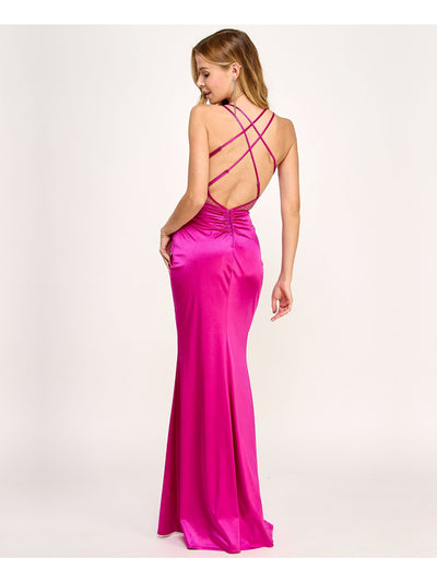 CITY STUDIO Womens Purple Gathered Zippered Crisscross Open Back High-slit Sleeveless Sweetheart Neckline Full-Length Prom Gown Dress Juniors 1\2