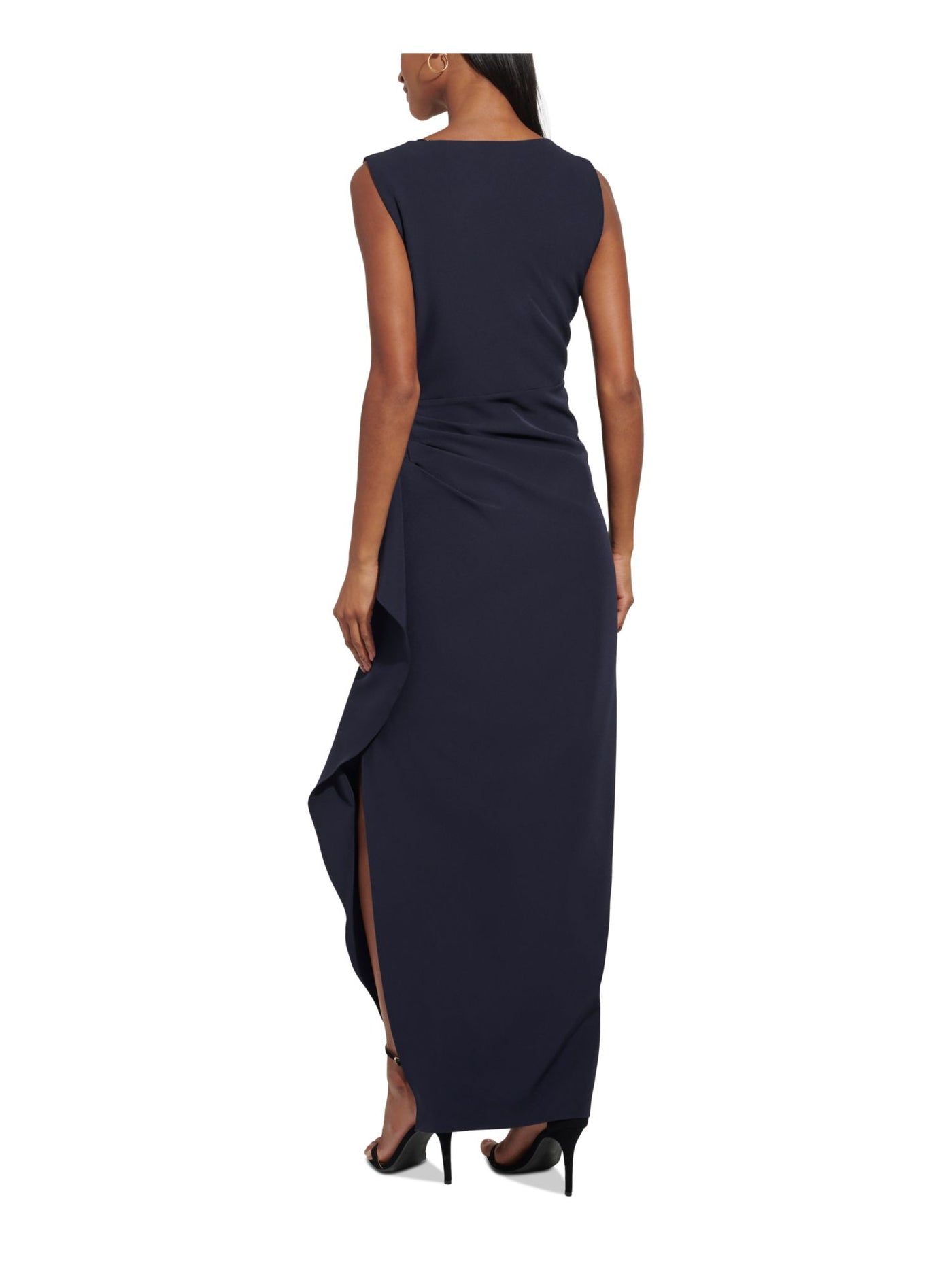 VINCE CAMUTO Womens Navy Zippered Gathered Cascading Ruffle Side-slit Sleeveless V Neck Full-Length Evening Gown Dress 6